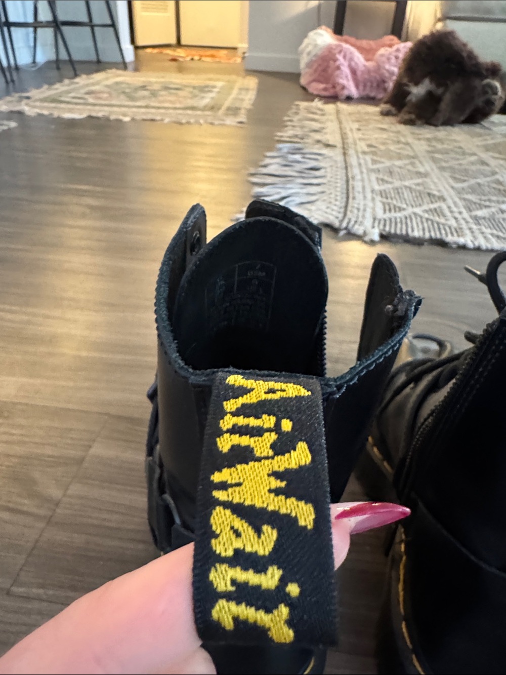 Dr. Martens Black Leather Platform Combat Boots with Yellow Stitching - Picture 6 of 7